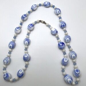 Vintage Blue White Bead Necklace Glazed Ceramic Porcelain Faience Style 26 Inch‎